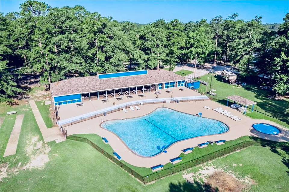 Aerial view of the Lake Pool and pavilion at Marina Village Resort